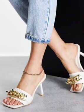 White and Gold Chain Link Mule Sandals, Sz 7